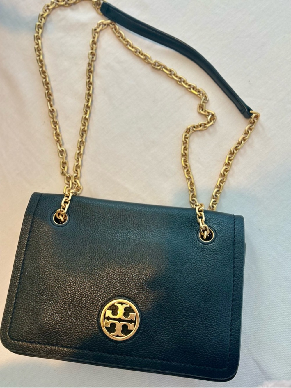 Tory Burch Black Pebbled Leather Crossbody with Gold Chain
